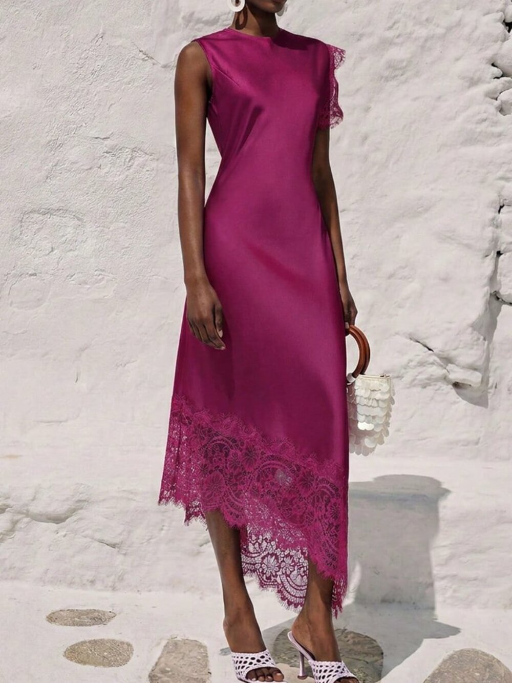 Hot Pink Elegant Women's Contrast Lace Round Neck Asymmetrical Midi Dress